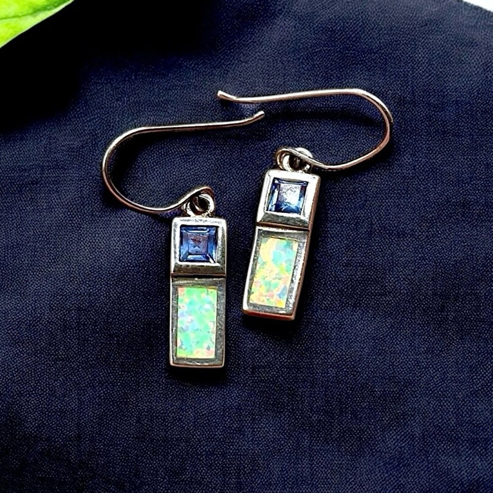 Beautiful Sterling Silver and Opal Drop Earrings with purple stone (?)